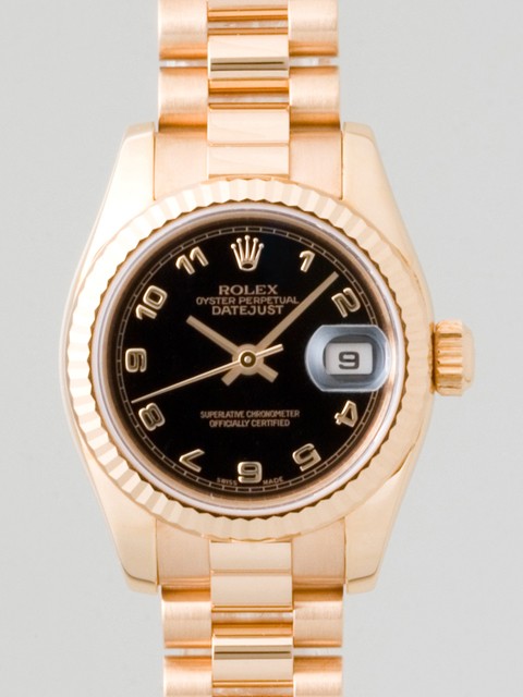 ロレックススーパーコピー ROLEX パーペチュアル デイトジャスト レディース 179175 プレジデントブレス ブラックアラビア
