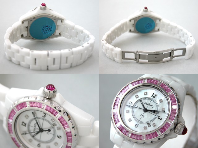 シャネルスーパーコピー j12 33mm ホワイトセラミックブレス H0968 ベゼルピンクバケットサファイヤ（合成）&12Pダイヤアフター