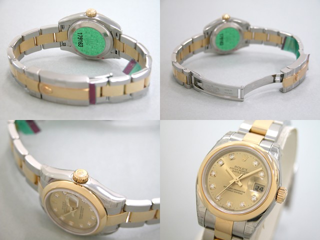 ロレックススーパーコピー ROLEX パーペチュアル デイトジャスト レディース 179163G オイスターブレス 10Pダイヤ シャンパン