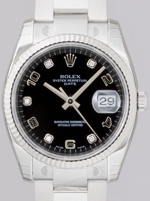 ロレックススーパーコピー ROLEX パーペチュアル デイト 115234G 5Pダイヤ ブラック飛びアラビア