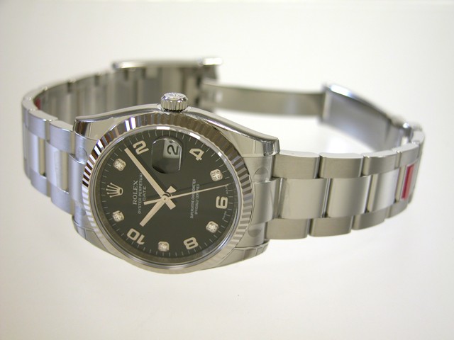 ロレックススーパーコピー ROLEX パーペチュアル デイト 115234G 5Pダイヤ ブラック飛びアラビア