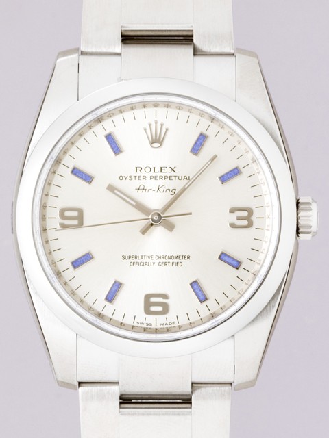 ロレックススーパーコピー ROLEX エアーキング 114200 シルバー３ ６ ９アラビアブルーバー