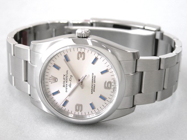 ロレックススーパーコピー ROLEX エアーキング 114200 シルバー３ ６ ９アラビアブルーバー