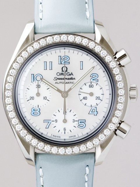 オメガスーパーコピー スピードマスター 3815.71.53 ダイヤベゼル ライトブルー皮 ホワイトシェルブルーアラビア