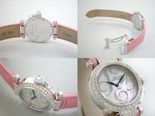カルティエスーパーコピー パシャ WJ123221 32mm WG アラビアパヴェダイヤ ピンク皮 ホワイトシェル