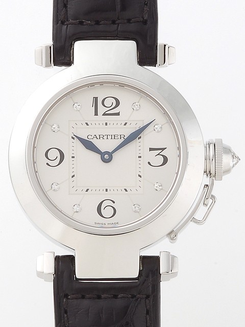 カルティエスーパーコピー Cartier パシャ WJ11902G 32mm WG 8Pダイヤ 黒皮 シルバー レディース