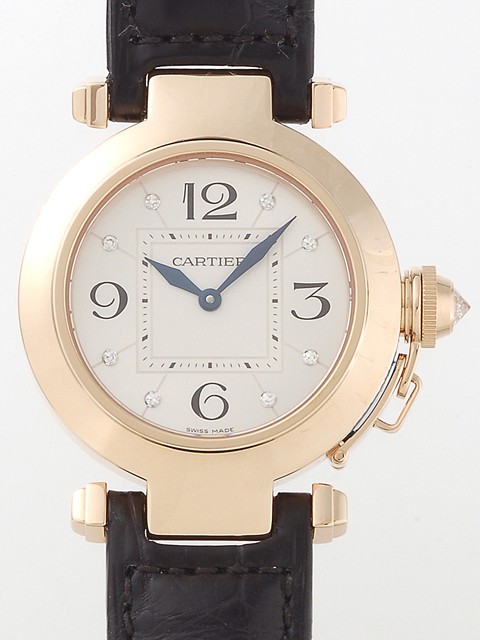 カルティエスーパーコピー Cartier パシャ WJ11891G 32mm ＹG 8Pダイヤ 黒皮 シルバー レディース