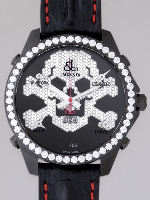 ジェイコブスーパーコピー JACOB&Co ファイブタイムゾーン JC-SKULL7D 1重ベゼルダイヤ 47mm ホワイトシェル/ダイヤ