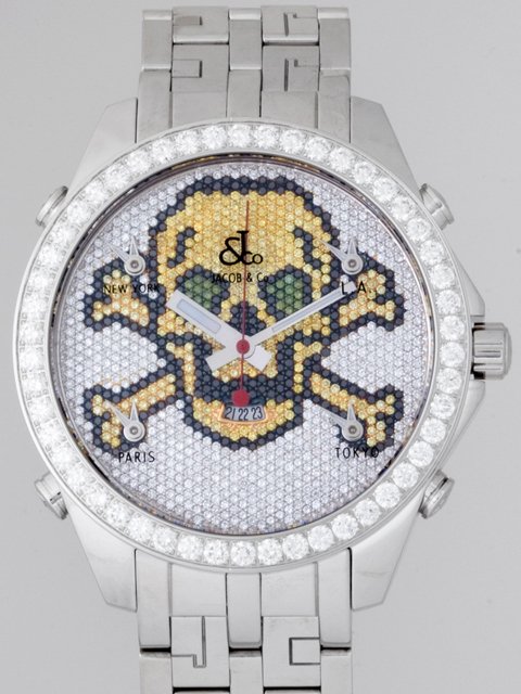ジェイコブスーパーコピー ファイブタイムゾーン JC-SKULLY 1重ベゼルダイヤ 47mm LINKYブレスセッティング 全面ダイヤ