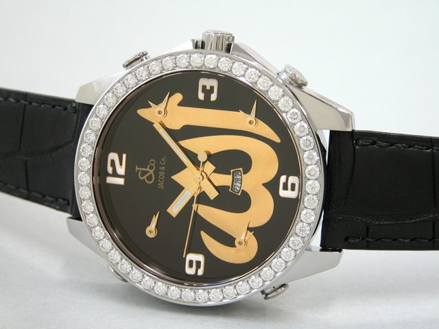 ジェイコブスーパーコピー ファイブタイムゾーン JC-ALLAH 1重ベゼルダイヤ 47mm ブラック/シャンパンロゴ（YG）