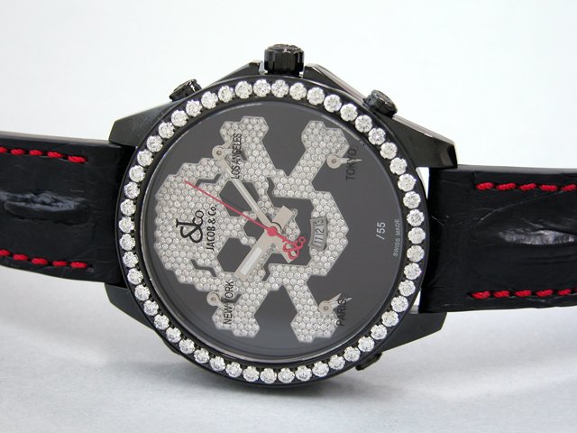 ジェイコブスーパーコピー ファイブタイムゾーン JC-SKULL10D 1重ベゼルダイヤ 47mm 世界限定55本 PVD加工 ブラックエナメル/ダイヤ