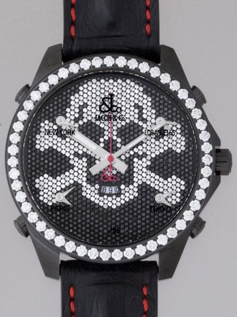 ジェイコブスーパーコピー ファイブタイムゾーン JC-SKULL9D 1重ベゼルダイヤ 47mm 世界限定55本 PVD加工 全面ダイヤ