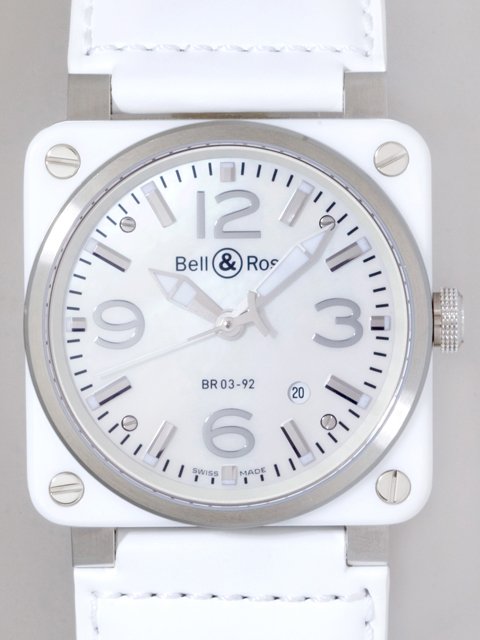 ベル＆ロススーパーコピー BR03-92 WHITE CERAMIC BR03-92 カーフベルト ホワイトシェル/シルバーアラビア
