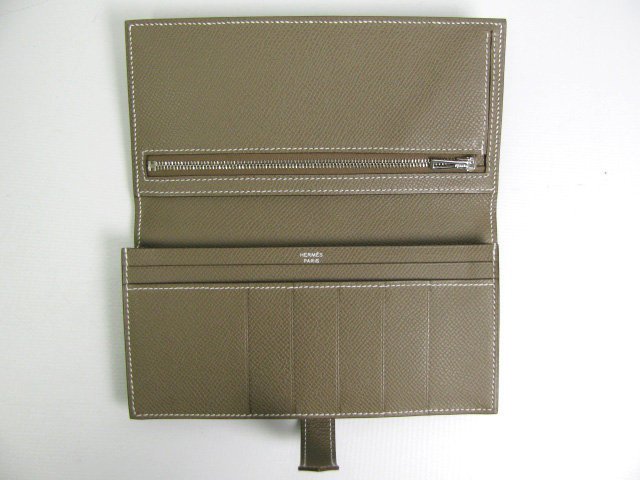 エルメススーパーコピー ベアンスフレ 二つ折り長財布ヴォーエプソン/エトープ(金具：シルバー)  hq002