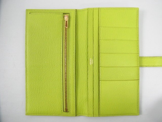 エルメススーパーコピー ベアンスフレ二つ折長財布シェーブル/キウイ(金具：ゴールド) hq012