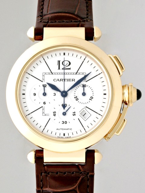 カルティエスーパーコピー Cartier パシャ42mm W3020151 クロノ YG/ブラウン皮 シルバー
