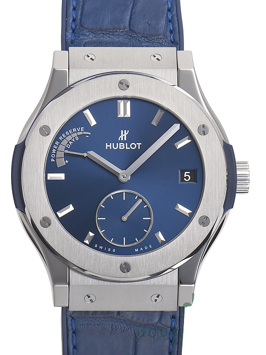 ウブロ クラシックフュージョン パワーリザーブ８デイズチタニウムブルー 516.NX.7170.LR 基本仕様は本物と同じ形のHUBLOTです