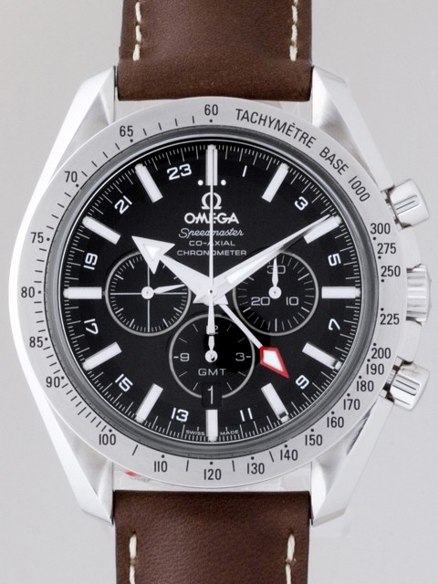 オメガ スピードマスター 3881.50.37 ブロードアロー コーアクシャル クロノグラフGMT ブラウンカーフベルト ブラック