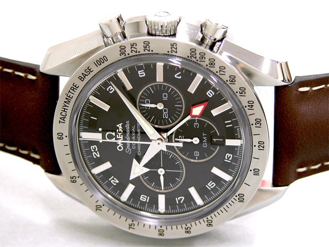 オメガ スピードマスター 3881.50.37 ブロードアロー コーアクシャル クロノグラフGMT ブラウンカーフベルト ブラック