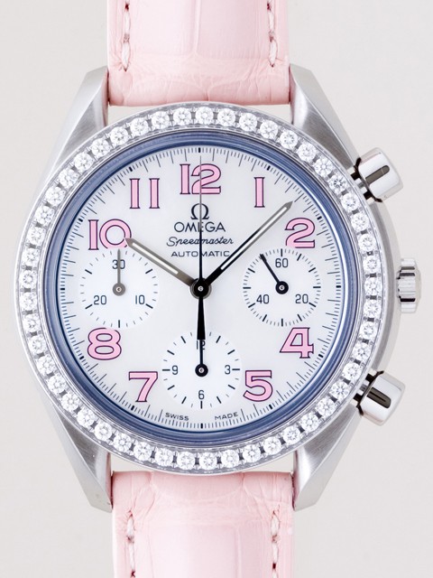 オメガ スピードマスター 3835.74.34 ダイヤベゼル ピンク皮 ホワイトシェルピンクアラビア