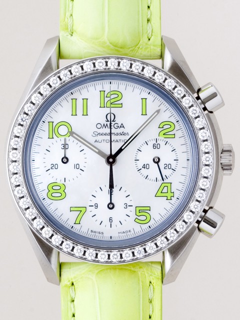オメガ スピードマスター 3835.72.35 ダイヤベゼル グリーン皮 ホワイトシェルグリーンアラビア