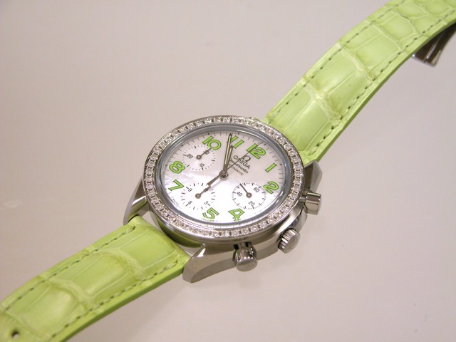 オメガ スピードマスター 3835.72.35 ダイヤベゼル グリーン皮 ホワイトシェルグリーンアラビア