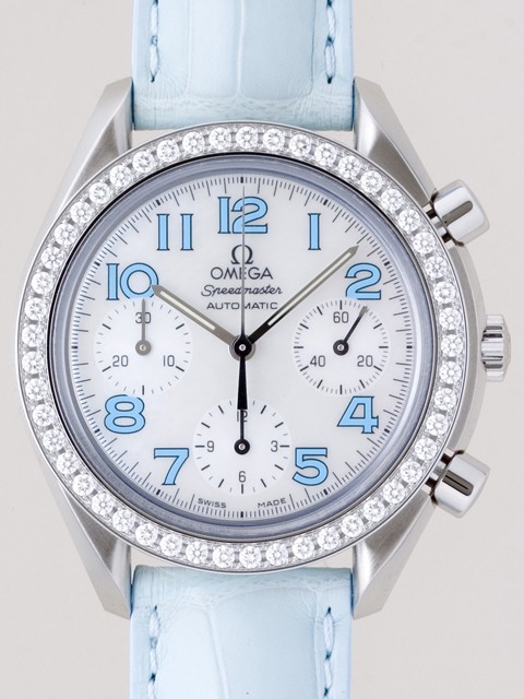 オメガ スピードマスター 3835.71.33 ダイヤベゼル ブルー皮 ホワイトシェルブルーアラビア