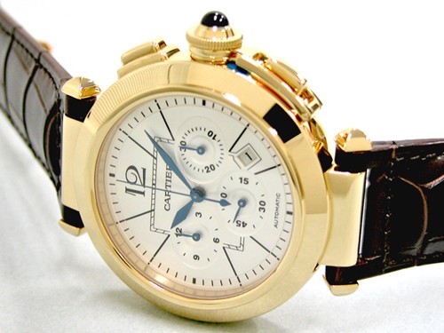 カルティエ Cartier パシャ42mm W3020151 クロノ YG/ブラウン皮 シルバー
