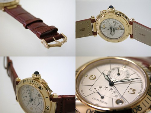 カルティエ Cartier パシャ38mm W3014456 ＹＧ GMTパワーリザーブ 茶皮 ホワイト