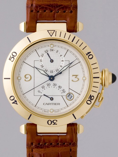 カルティエ Cartier パシャ38mm W3014456 ＹＧ GMTパワーリザーブ 茶皮 ホワイト