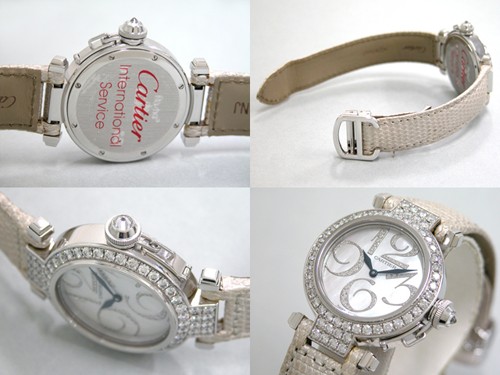 カルティエ Cartier パシャ WJ123221 32mm WG アラビアパヴェダイヤ ベージュ皮 ホワイトシェル