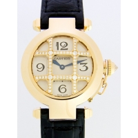 カルティエスーパーコピー Cartier パシャ WJ11951G 32mm ＹG 黒皮 コンベックスグリッドダイヤ シルバー