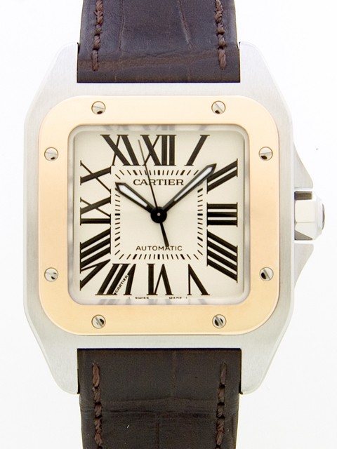 カルティエスーパーコピー Cartier サントス100 MM レディース W20107X7 茶皮 ホワイト 自動巻