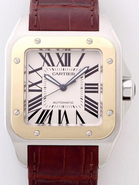 ィエ Cartier サントス100 W20072X7 ＳＧ 茶皮 ホワイト