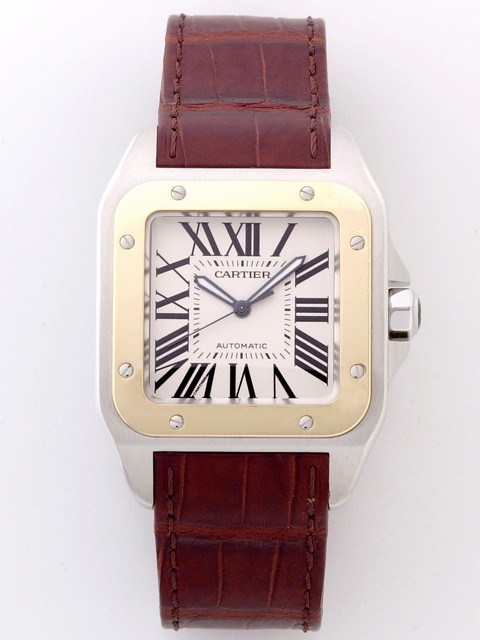 ィエ Cartier サントス100 W20072X7 ＳＧ 茶皮 ホワイト