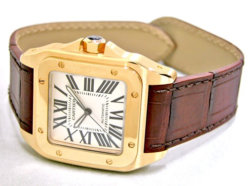 カルティエ Cartier サントス100 W20071Y1 ＹＧ 茶皮 ホワイト