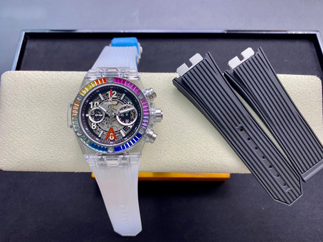【HB工場出品】ウブロ スーパーコピー HUBLOT ビッグバン 透明な時計 ポルトチェルボ ベゼルダイヤ レインボー 441.JX.4802.RT.4099 42MM