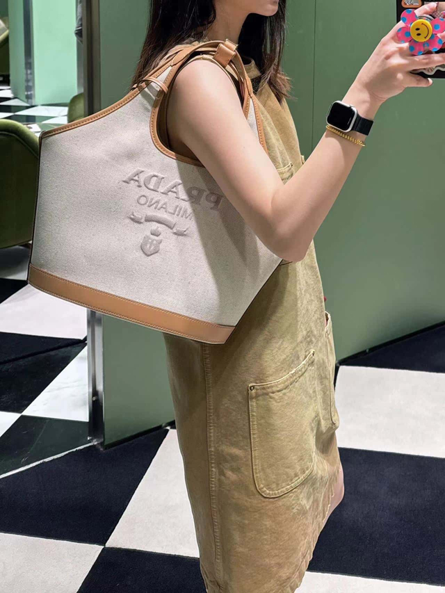 【PRADA】プラダ スーパーコピー リネンブレンドxレザー ミディアム トートバッグ ナチュラル（1BG471_2DLI_F0018_V_OAH）