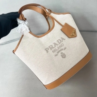 【PRADA】プラダ スーパーコピー リネンブレンドxレザー ミディアム トートバッグ ナチュラル（1BG471_2DLI_F0018_V_OAH）