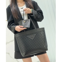 【PRADA】プラダ スーパーコピー ラージブラックパンチングレザー ショッピングバッグ（1BG503_2CY4_F0002_V_OOO）