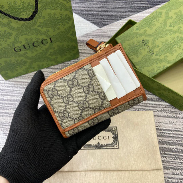 【GUCCI】グッチ 821804 GGエンブレム ジップ カードケース ベージュ＆ブラウン