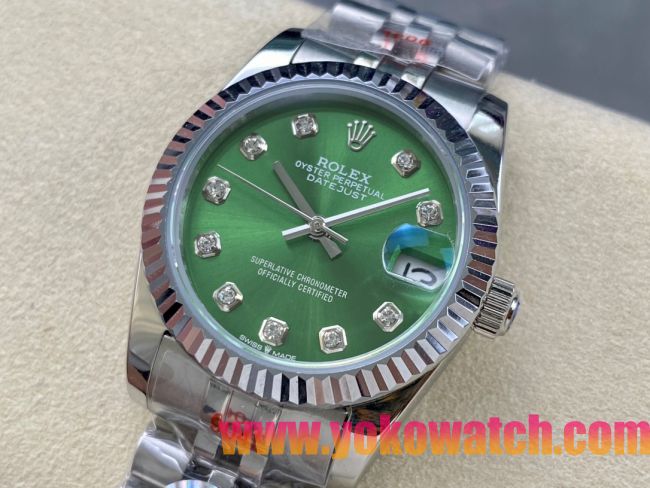 ロレックスコピー デイトジャスト 31mm RX010“エメラルドグリーンダイヤル・ダイヤモンドインデックス・ダイヤモンドベゼル” レディースモデル 