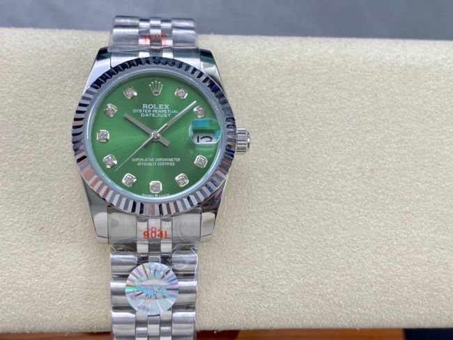 ロレックスコピー デイトジャスト 31mm RX010“エメラルドグリーンダイヤル・ダイヤモンドインデックス・ダイヤモンドベゼル” レディースモデル 