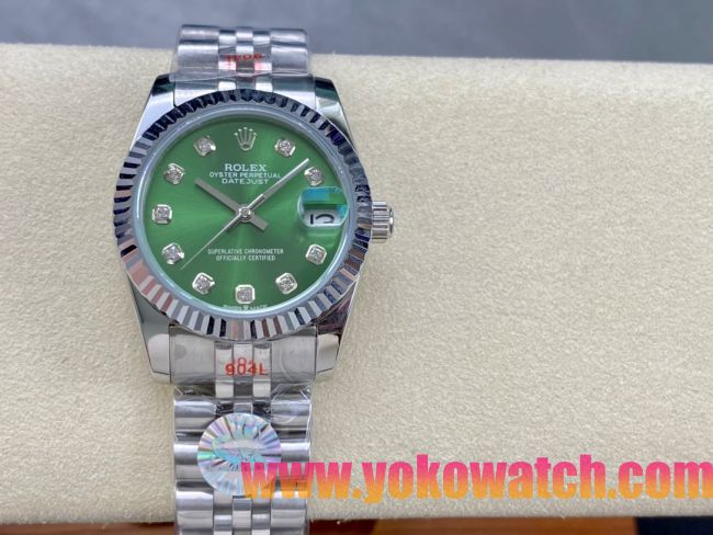 ロレックスコピー デイトジャスト 31mm RX010“エメラルドグリーンダイヤル・ダイヤモンドインデックス・ダイヤモンドベゼル” レディースモデル 