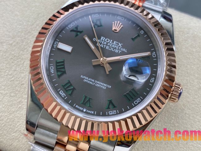 ロレックスコピー デイトジャスト 41mm 126334“グレーダイヤル・グリーンローマンインデックス・ツートーン（SS＋エバーローズゴールド）” メンズ／ユニセックスモデル 