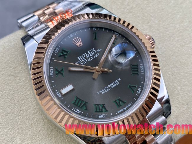 ロレックスコピー デイトジャスト 41mm 126334“グレーダイヤル・グリーンローマンインデックス・ツートーン（SS＋エバーローズゴールド）” メンズ／ユニセックスモデル 