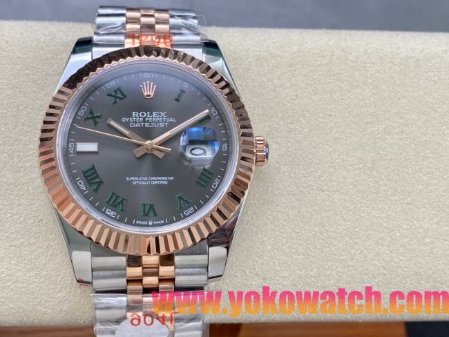 ロレックスコピー デイトジャスト 41mm 126334“グレーダイヤル・グリーンローマンインデックス・ツートーン（SS＋エバーローズゴールド）” メンズ／ユニセックスモデル 