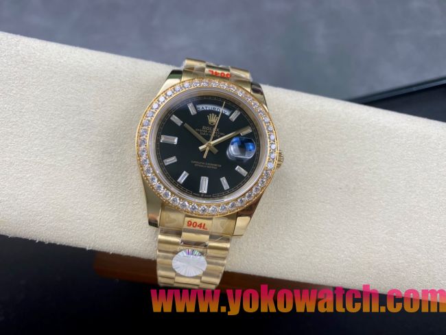 ロレックスコピー デイデイト 40mm 228238“ブラックダイヤル・ダイヤモンドベゼル・18Kイエローゴールド仕様” レディース／ユニセックスモデル