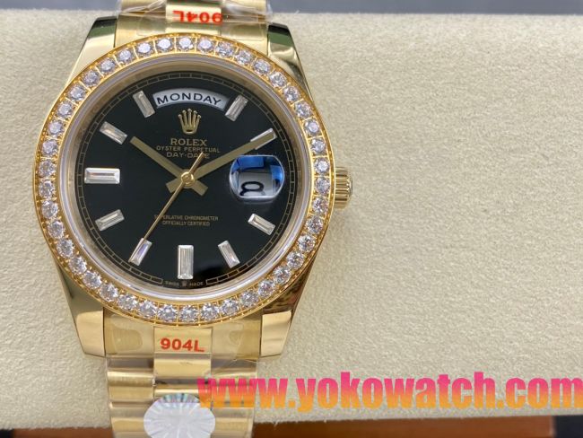 ロレックスコピー デイデイト 40mm 228238“ブラックダイヤル・ダイヤモンドベゼル・18Kイエローゴールド仕様” レディース／ユニセックスモデル