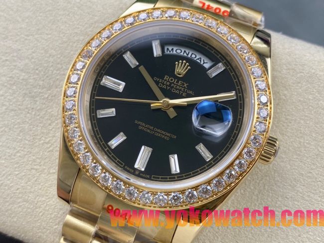 ロレックスコピー デイデイト 40mm 228238“ブラックダイヤル・ダイヤモンドベゼル・18Kイエローゴールド仕様” レディース／ユニセックスモデル